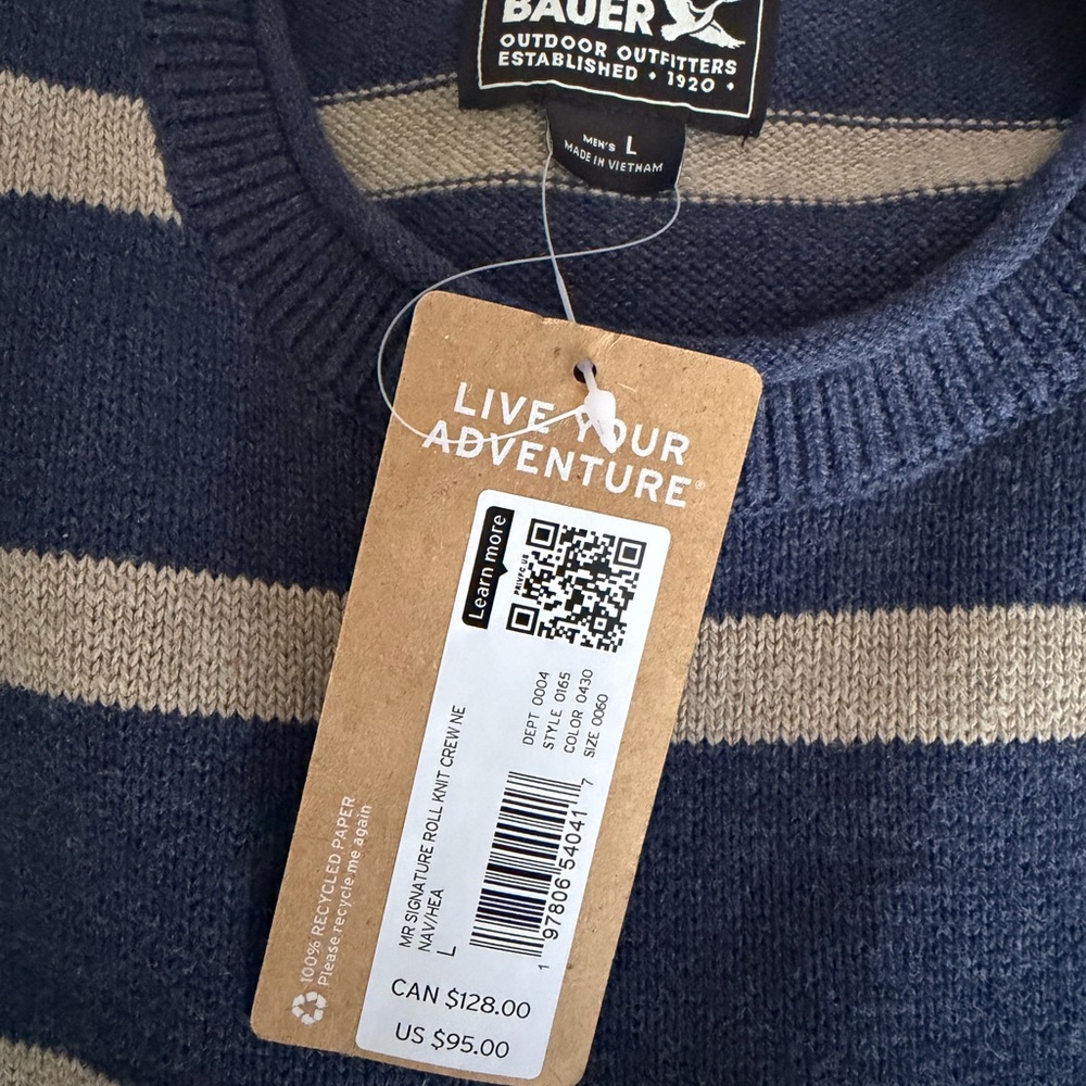 Men's Navy and Beige Striped Crewneck Sweater L Eddie Bauer NWT 95.00